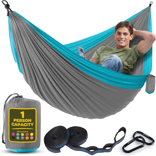Miniatura 18 de Hamaca Duradera con Capacidad de 500 lb, Silla Hamaca de Camping de Nylon - Tamaños Doble o Individual con Correas para Árboles y Bolsa de Verde