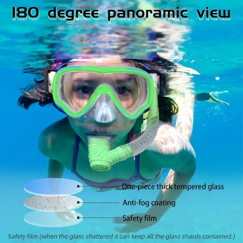 Miniatura 2 de Seago Gafas de natación para niños, máscara de buceo para jóvenes (5-15), antivaho 180° visión clara azul y verde