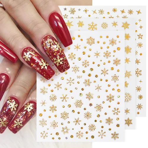 Miniatura 2 de 12 hojas de calcomanías de arte de uñas de copo de nieve de Navidad, suministros de uñas doradas, calcomanías de uñas de copo de nieve, copos