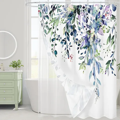 Miniatura 66 de Gibelle - Cortina de ducha de eucalipto marrón, hojas de plantas de acuarela con diseño floral, juego de cortina de ducha con ganchos, 72 x 72
