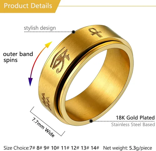 Miniatura 6 de U7 Rhinestone Eye of Horus Ring, Ankh Cross Rng, Stainless SteelBlack18K Gold Plated Egypt Rings, Protection Rings for Men Women Size 7-14