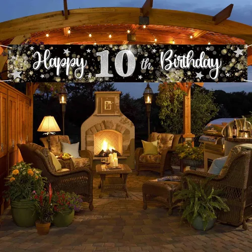 Miniatura 4 de Decoraciones de feliz cumpleaños número 10, globo de estrella de ensueño negro y plateado grande cartel colgante de cumpleaños, suministros
