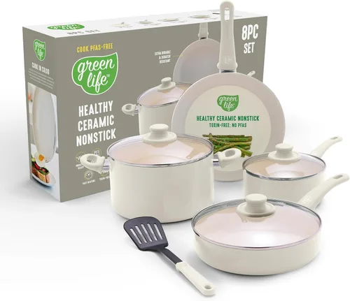 Miniatura 10 de GreenLife Juego de 8 utensilios de cocina antiadherentes, no tóxicos, sin PFAS, apto para lavavajillas y horno, freír, salsa, olla de valor, tapas