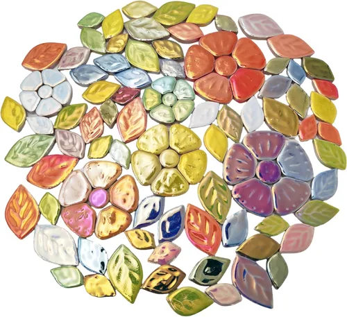 Miniatura 16 de Azulejos de mosaico de cerámica de hojas iridiscentes aleatorias de 1.1 libras, creando 3 tamaños de piezas creativas de mosaico de cerámica
