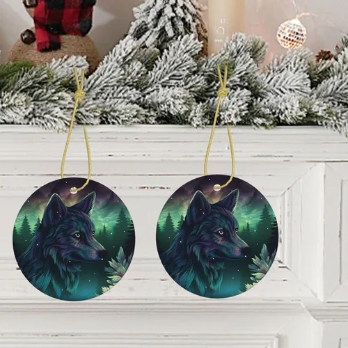 Miniatura 7 de Adornos de cerámica para árbol de Navidad, diseño de lobo del bosque, adornos redondos de cerámica, divertidas decoraciones de Navidad, colgantes