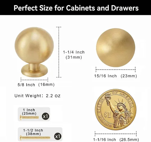 Miniatura 4 de QOGRISUN - Paquete de 10 pomos pequeños de latón sólido para gabinete, pomos redondos dorados para cajones de cómoda, diámetro de 0.9 pulgadas