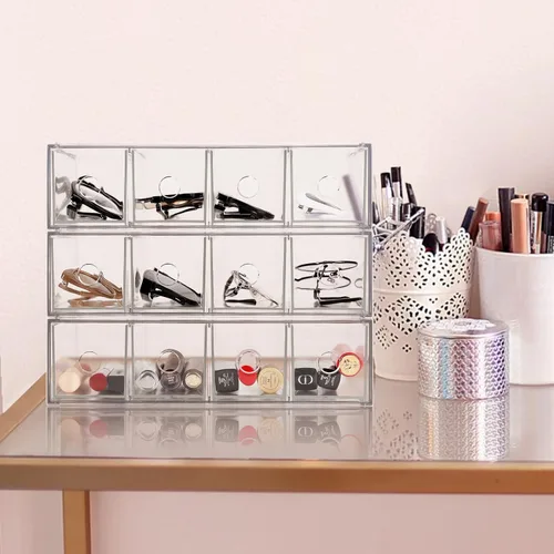 Miniatura 6 de Paquete de 3 cajones de almacenamiento de acrílico apilables, organizador de escritorio, cajas de almacenamiento de cosméticos transparentes, diseño