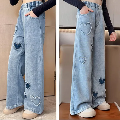 Miniatura 4 de Pantalones de mezclilla holgados para niñas y niñas, pantalones de mezclilla casuales de pierna ancha y cintura alta, talla 5-14 años