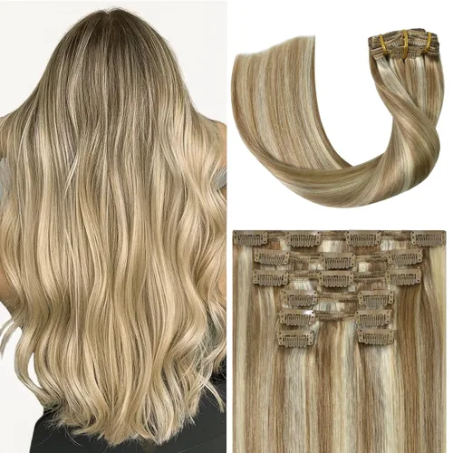 Miniatura 24 de UGOTRAYS Extensiones de cabello humano real de color rubio fresa a rubio decolorado, 12 pulgadas, lacio, doble trama, cabello Remy con clip, 2.47
