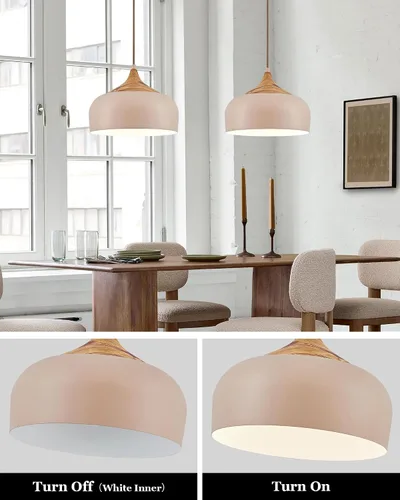 Miniatura 3 de ELYONA Lámpara colgante japonesa moderna de 12 pulgadas para isla de cocina, lámpara colgante de granja con pantalla de metal de grano de madera