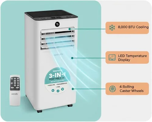 Miniatura 3 de SereneLife Aire acondicionado portátil de 8000 BTU, pequeña unidad de CA con deshumidificador y ventilador, mini unidad de CA con cobertura de 350