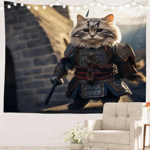 Miniatura 24 de Batmerry Cat In Armor Polyester Tapestry, Cat Armor Sword Warrior Battle Shield Lightweight Wall Hanging High-Definition Print Backdrop For Dorm