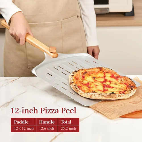 Miniatura 4 de Cortador de pizza y juego giratorio de cáscara de pizza de 12 pulgadas, cáscara de aluminio anodizado con mango de madera, incluye protector