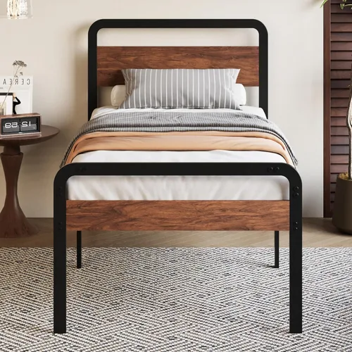 Miniatura 10 de Base de cama individual de 18 pulgadas con cabecero y estribo, plataforma de metal resistente, no necesita somier, base de colchón de fácil montaje