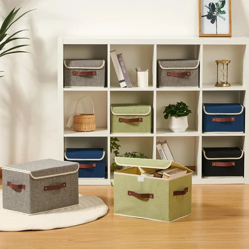 Miniatura 7 de Cajas de almacenamiento con tapa, contenedores de almacenamiento de tela de lino y algodón, contenedores organizadores, cestas decorativas plegables