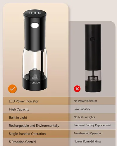 Miniatura 6 de TOMEEM Juego de molinillo eléctrico de sal y pimienta, recargable con indicador de alimentación LED, molienda ajustable de 5 niveles, luz LED, Negro