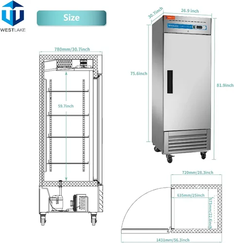 Miniatura 3 de WESTLAKE Refrigerador comercial de 27 pulgadas de ancho, alcance de acero inoxidable, ventilador vertical sólido de una sola puerta, enfriador de 23