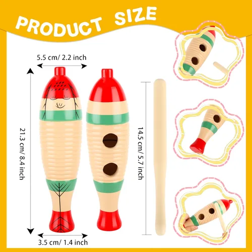 Miniatura 2 de 8 juegos de madera Guiro Instrumento Pez en forma con raspador Colorido Latino Percusión Musical con Palos de Ritmo Música Aprendizaje Temprano