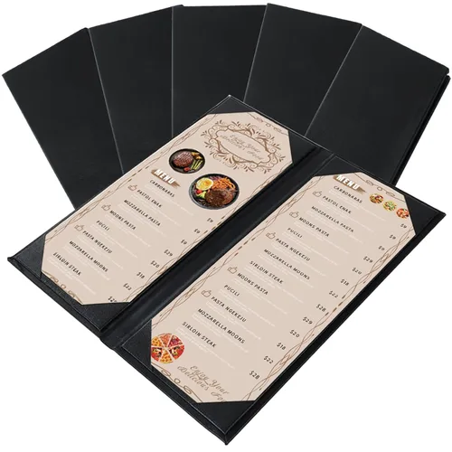 Miniatura 12 de Fundas para menú de restaurante de 4.25 x 11 pulgadas Paquete de 10 paneles de cuero sintético cuádruples con 6 esquinas anguladas para vista