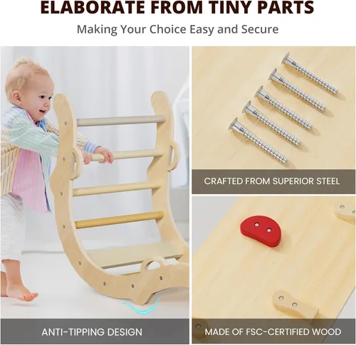 Miniatura 7 de BlueWood Conjunto de Triángulo Pikler, Juguetes de Escalada de Madera para Niños Pequeños para Interiores, Escalador Plegable 7 en 1 para Niños