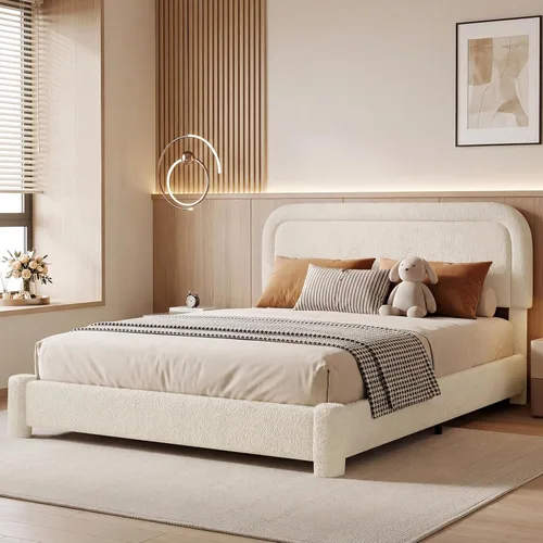 Base de cama tamaño Queen, marco de cama Boucle con cabecera ajustable, cama de plataforma tapizada moderna con listones de madera, esquinas Beige
