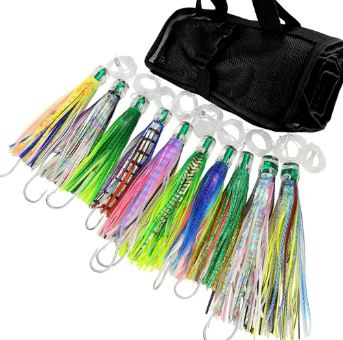 Miniatura 9 de OCEAN CAT Juego de señuelos de pesca de agua salada, anzuelo de pesca en alta mar y faldas de pulpo/calamar de 6 pulgadas/9 pulgadas para atrapar