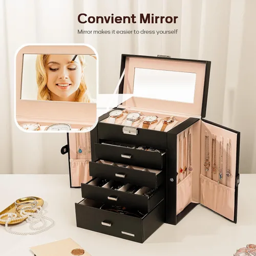 Miniatura 7 de Homde Caja de joyería enorme de cuero sintético Organizador de reloj con espejo Collar Anillo Pendiente Almacenamiento Caja de regalo con cerradura