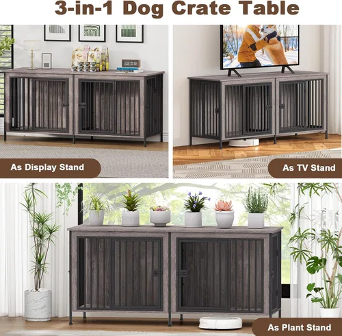 Miniatura 4 de EasyCom - Mueble jaula para 1 o 2 perros, individual o doble, resistente jaula para interiores, base de televisión, mediano, 63 pulgadas de largo