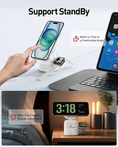 Miniatura 6 de iWALK Soporte de carga inalámbrico magnético 3 en 1, estación de carga plegable de 15 W para iPhone 16/15/14/13/12, Apple Watch y AirPods, base
