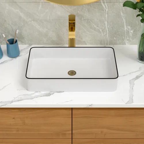 Miniatura 3 de Lordear Lavabo Rectangular de Baño Tipo Vasija 24X14 Pulgadas Lavabos de Baño Blancos de 24 Pulgadas con Borde Negro Lavabo de Cerámica Sobre