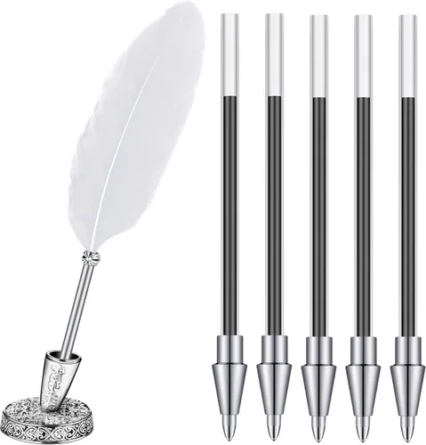 Miniatura 10 de Bolígrafo de plumas y soporte de bolígrafo de metal vintage, tinta negra, pluma de plumas vintage con 5 piezas de repuesto para boda, firma