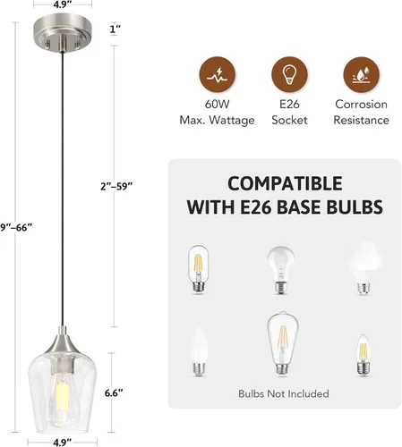 Miniatura 5 de VONLUCE Luces colgantes para isla de cocina, iluminación colgante de níquel cepillado para isla de cocina con cable colgante para dormitorio