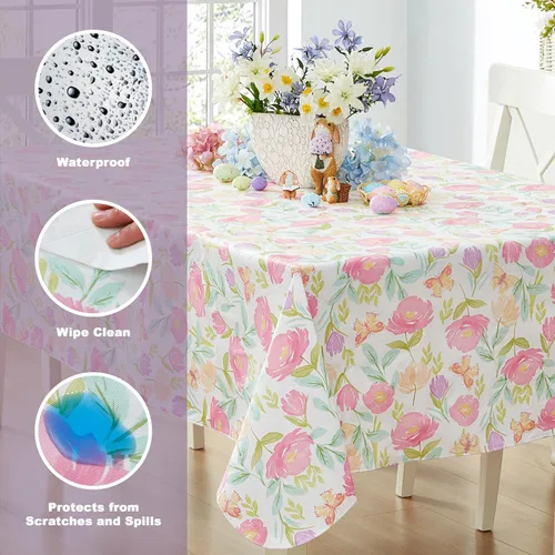 Miniatura 3 de Newbridge Butterfly Field - Mantel de vinilo floral con parte trasera de franela, 52 x 52 pulgadas, cuadrado, flores pastel y mariposas con parte