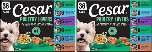 Miniatura 25 de Cesar Classic Loaf in Sauce - Alimento húmedo para perros adultos, para amantes de las aves de corral, paquete variado con pollo real, pavo o pato