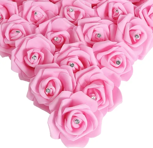 Miniatura 27 de IPOPU 100 unidades de rosas artificiales de aspecto real, rosas falsas de color rosa bebé, rosas de espuma rubor para centros de mesa de boda, Rosa