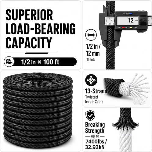 Miniatura 2 de Cuerda de arborista de poliéster doble trenzada (1/2 pulgada x 100 pies) de alta resistencia para trabajo en árboles, escalada, asegurar columpio