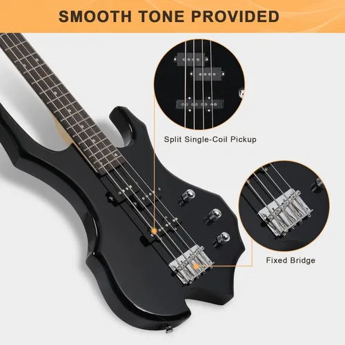 Miniatura 4 de GLARRY Guitarra eléctrica de bajo de tamaño completo 4 cuerdas estilo Burning Fire para principiantes diestros con bolsa, correa y accesorios (negro)