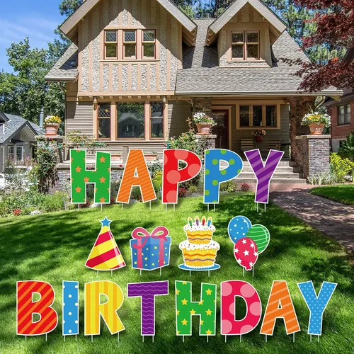 Miniatura 5 de Yulejo Letreros de feliz cumpleaños de 17 piezas, letras de 16 pulgadas, letreros de césped con estacas, impermeables, multicolor