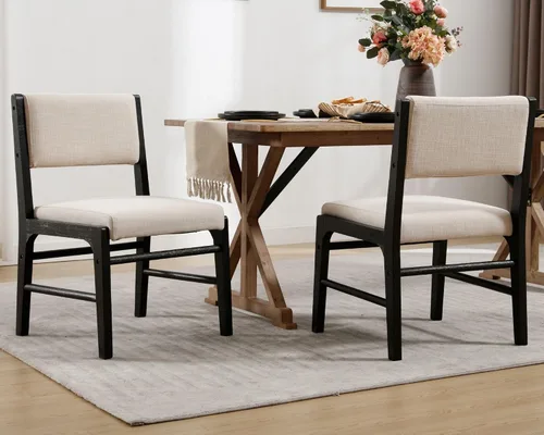 Miniatura 3 de HNY Juego de 2 sillas de comedor de lino beige con marco de madera negra, silla de cocina tapizada de tela moderna con respaldo rectangular, sillas