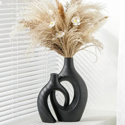 Levvohd Juego de 2 Jarrones de Cerámica Negra XL para Decoración Moderna del Hogar, Jarrones Redondos Neutros Boho Donut de Hierba de las Pampas,