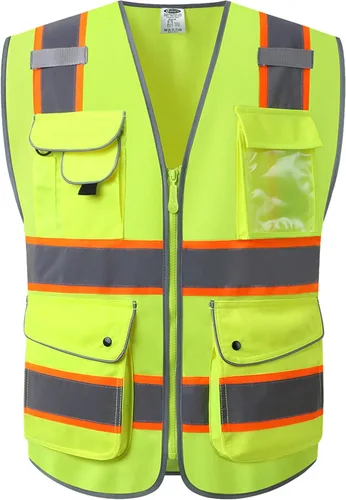 Miniatura 14 de JKSafety Chaleco de seguridad frontal con cremallera de alta visibilidad de 9 bolsillos de color dual MESH Lite Tira reflectante con ribete