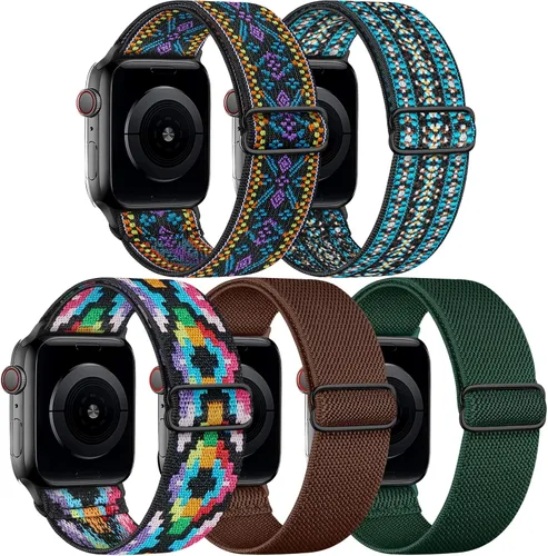 Miniatura 16 de 5 Pack de bandas elásticas de nylon compatibles con Apple Watch de 40 mm, 41 mm, 42 mm, 44 mm, 45 mm, 46 mm, 49 mm, 38 mm para mujeres y hombres