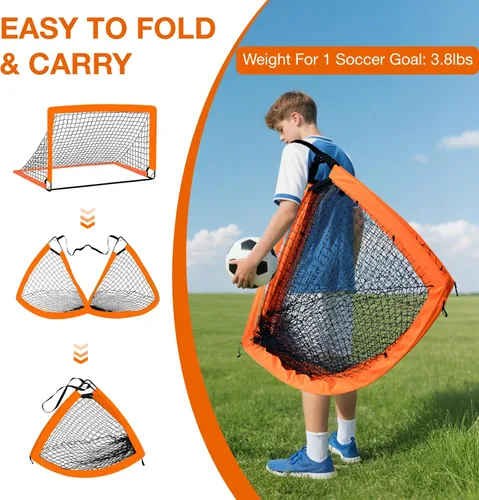 Miniatura 6 de Paquete de 2 porterías de fútbol portátiles de 6 x 4 pies para niños, juego de red de fútbol juvenil desplegable con pelota, conos y escalera