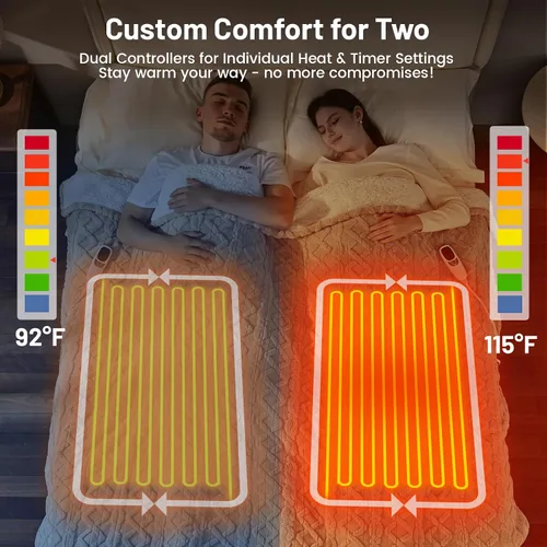 Miniatura 3 de Manta térmica eléctrica tamaño Queen – Manta eléctrica de 84 x 90 pulgadas con doble control, 9 niveles de calor y temporizador de 1 a 10 horas