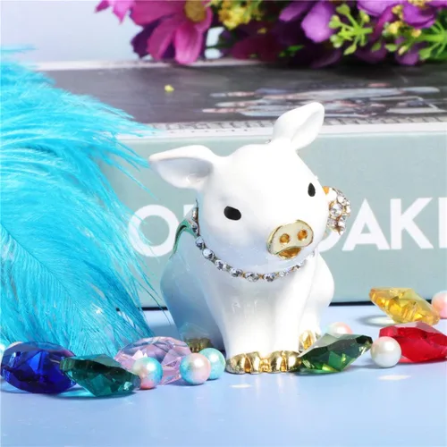 Miniatura 5 de Waltz&F Cerdo blanco con lazo hecho a mano estaño baratija caja de joyería soporte anillo figura decorativa coleccionable
