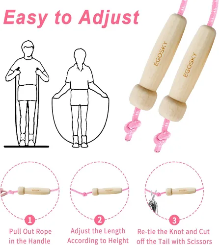 Miniatura 5 de EGOSKY - Cuerda de saltar para mujeres, hombres y niños, cuerda de saltar ajustable con mango de madera para adultos, niños y niñas, ejercicio