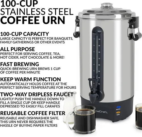 Miniatura 3 de Homecraft Urna de café de 100 tazas y dispensador de bebidas calientes con grifo antigoteo, preparación rápida, urna de café de acero inoxidable