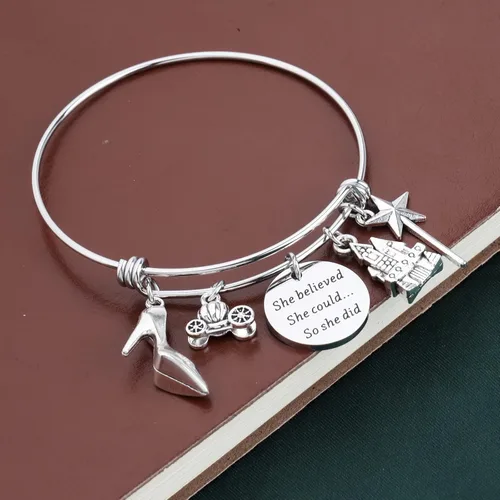 Miniatura 5 de PLITI Pulsera ajustable de acero inoxidable con texto en inglés "She Believed She Could So She Did", regalo para fanáticos de hadas