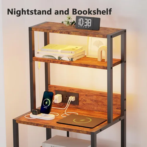 Miniatura 7 de Furnulem Cómoda industrial para dormitorio, mesita de noche de 39 pulgadas de alto con 2 cajones y estación de carga, mesita de noche