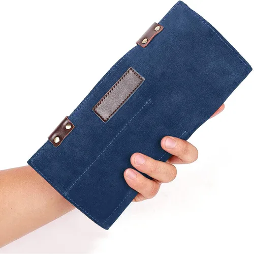 Miniatura 8 de Bolsa de tijeras de salón enrollable, 12 bolsillos de cuero genuino para estilista, soporte para tijeras de peluquería para peluquería Hj-ZP011-negro